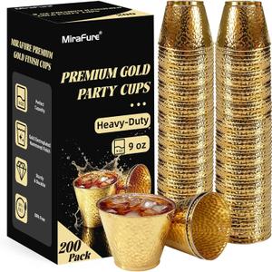 Hammered Plastic Party Cups 9oz, BPA-Free Leakproof Disposable Cups, Premium Elegant Drinkware for Weddings Birthdays Holidays Gatherings (Gold - 200 Pack), Large 