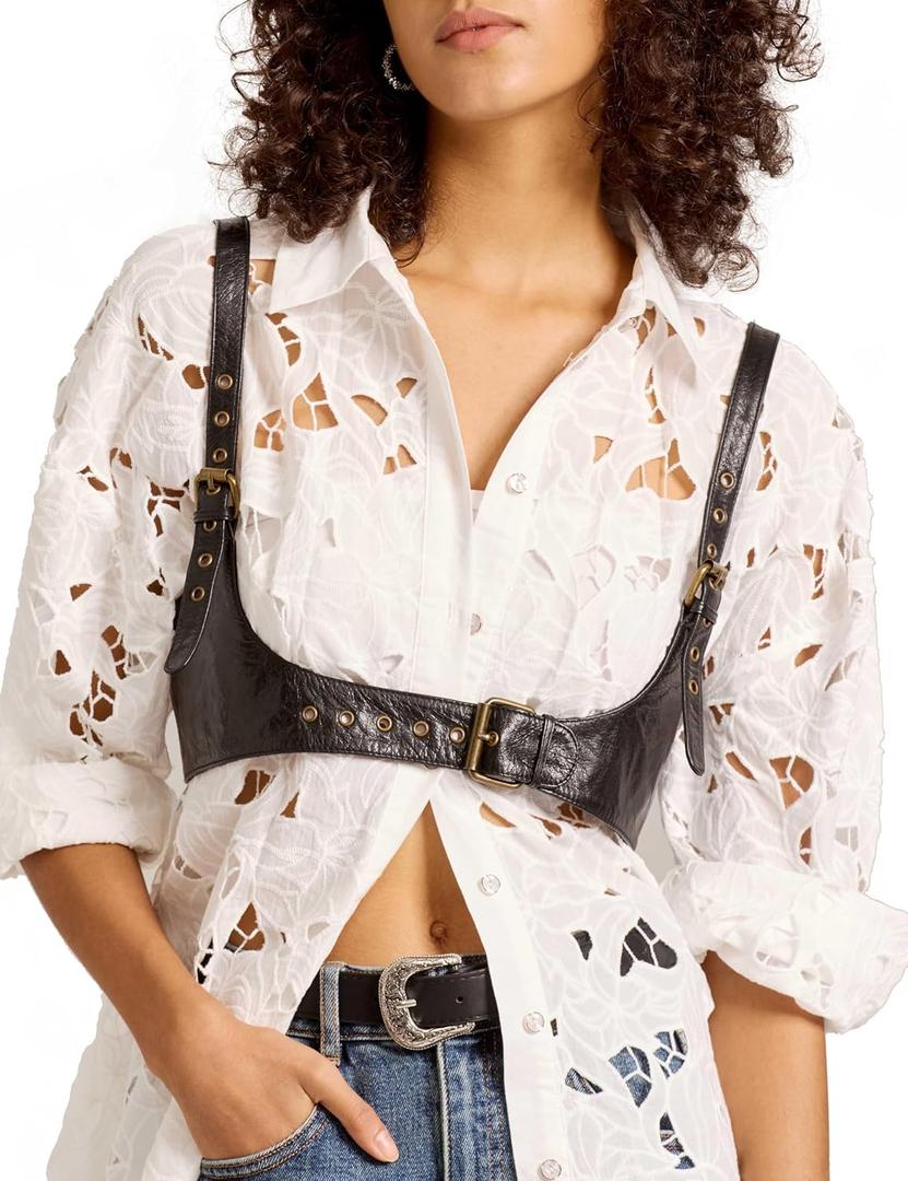 Harness for Women Genuine Leather Waist Belt Steampunk Underbust Corset (Small, Black)