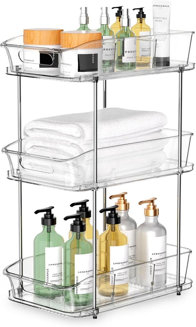 3 Tier Under Sink Organizer and Storage - Multi-Purpose Stackable Pantry Organizer with Pull-Out Clear Bins and Movable Dividers for Kitchen and Bathroom Cabinet