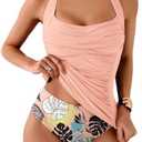 Eomenie Womens Halter Tankini Bathing Suit Ruched Tummy Control Two Piece Swimsuit with Bottom 2XL
