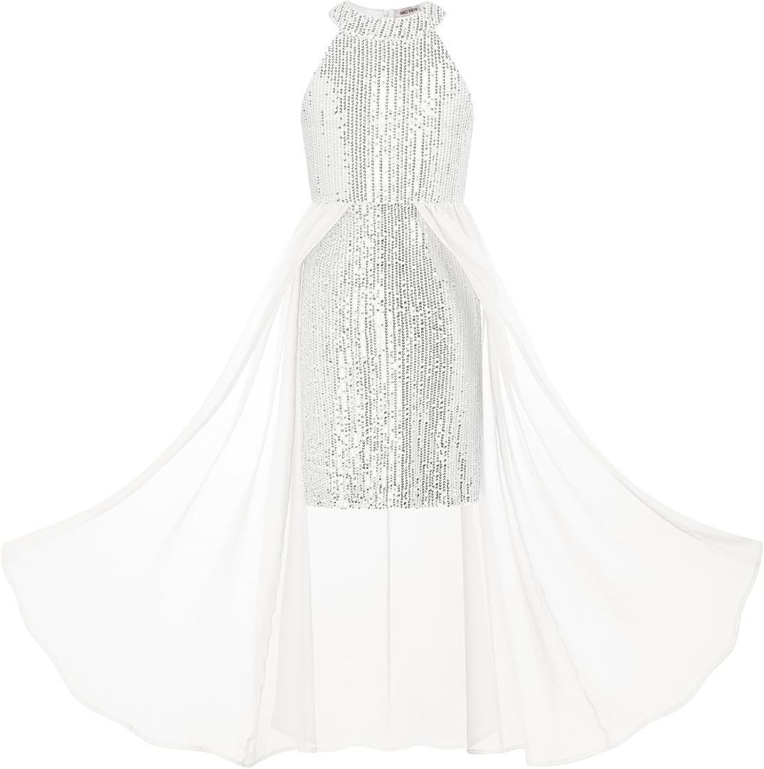 GRACE KARIN Girls Halter Neck Sequin Dress Kids Fancy Formal Party Christmas Sparkly Pageant Birthday Dresses (10-12 Years, Silver)