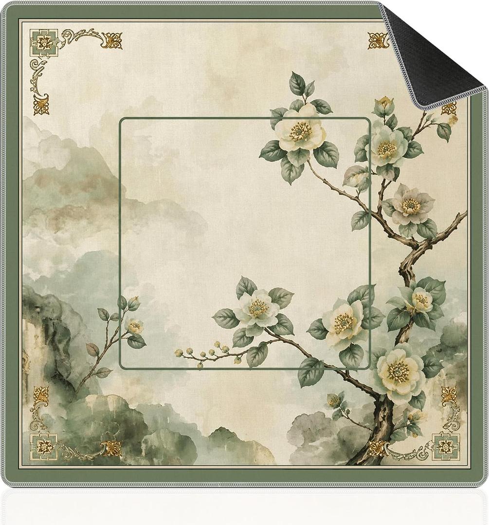 Vintage Green Chinoiserie Floral Mahjong Mat for Table 31.5x31.5, Mahjong Gifts for Women, Retro Oriental Asian Blossom Anti-Slip Table Cover Tablecloth, Vintage Green Chinoiserie Floral Decor, 31.5 inches x 31.5 inches x 0.1 inches