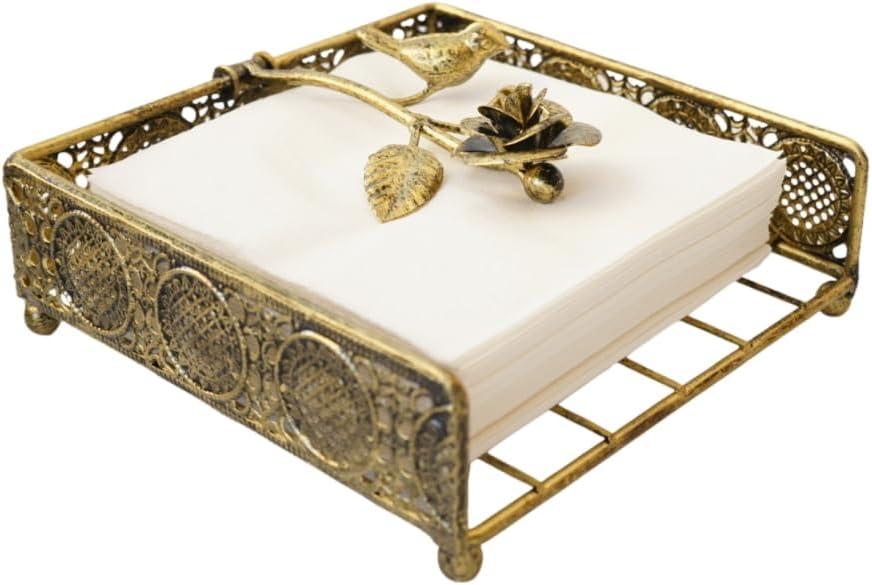 Flat Antique Brass Painting Metal Napkin Holder with Vintage and Classic Bird Design For Kitchen and Dinner Table