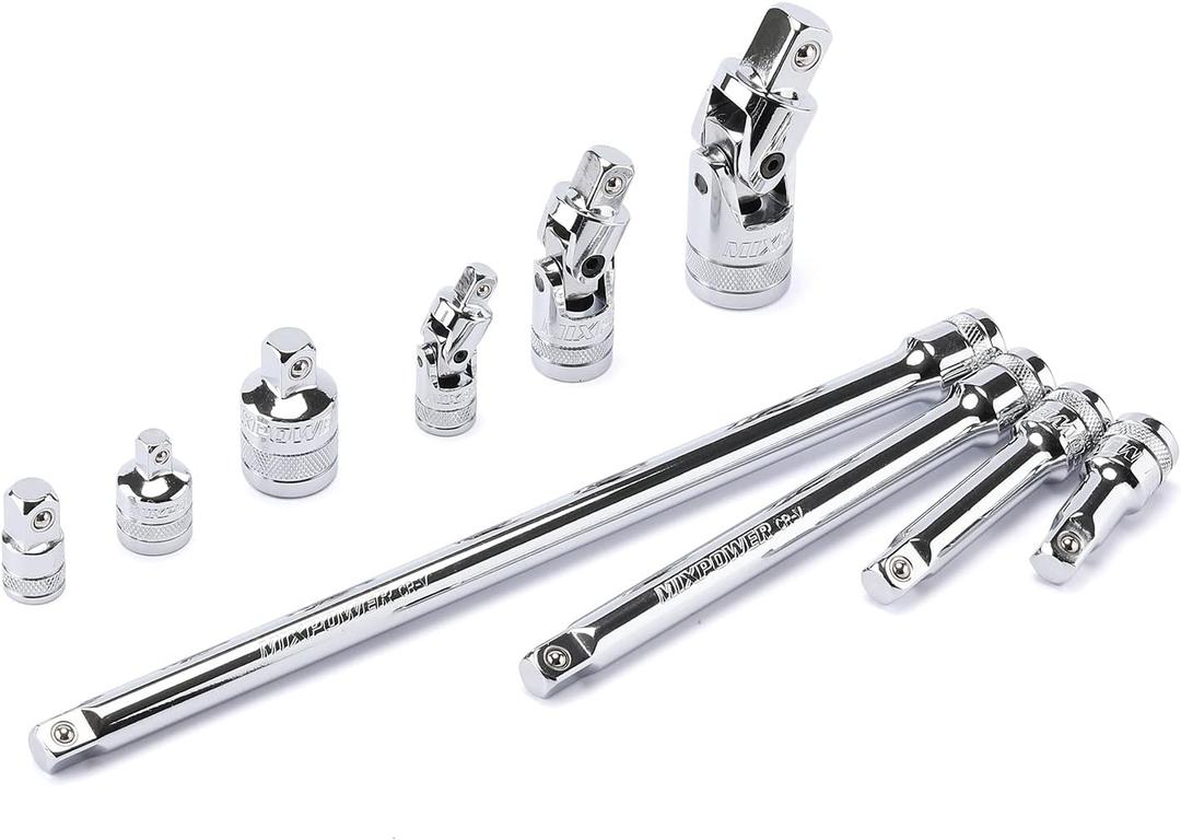 MIXPOWER 10 Pieces Drive Tool Accessory Set, Includes Socket Adapters, Extension Bars and Universal Joints, Premium Chrome Vanadium Steel Construction - 1/4-inch, 3/8-inch and 1/2-inch Drive Sizes