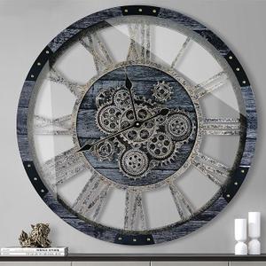 30 Inch Industrial Steampunk Wall Clock, Gray, Battery Operated, Real Rotating Gears, Solid Wood Frame, Oversized Wall Clock for Living Room Decor, Gray
