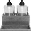 3 Piece Glass Soap Dispenser Set with Resin Storage Caddy, for Bathroom, Bedroom, Home, Office, Lotion Pump with Rustproof Pumps, Large Capacity Heavy Bottles, Trinket Tray for Jewlery