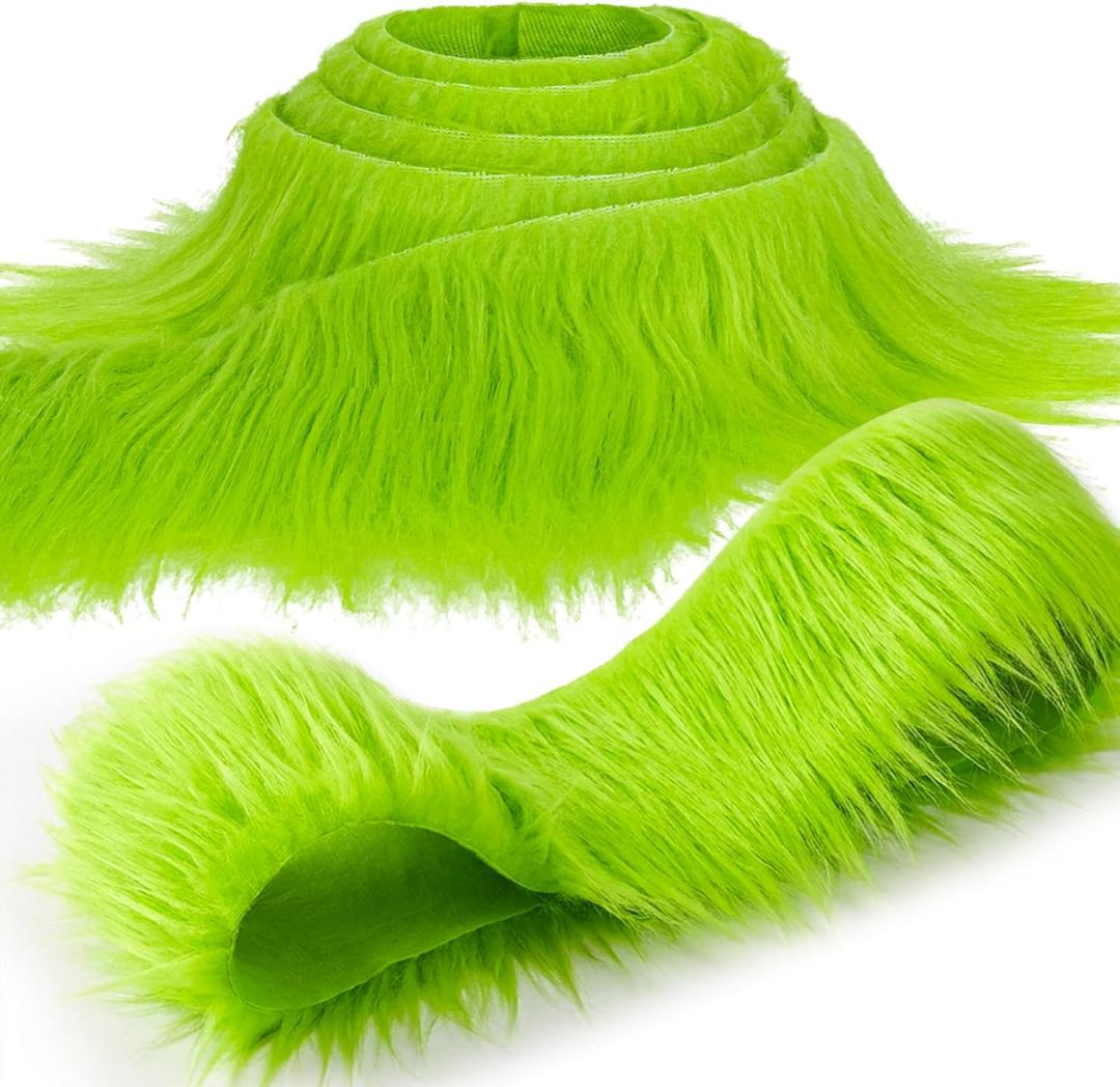 Sukh Shaggy Faux Fur Fabric - 2 x 60 inch Green Faux Fur Trim Precut Fabric Strips Soft Plush Patches for Fuzzy Craft Christmas Tree Trim Gnome Beard Cosplay Costume (1)