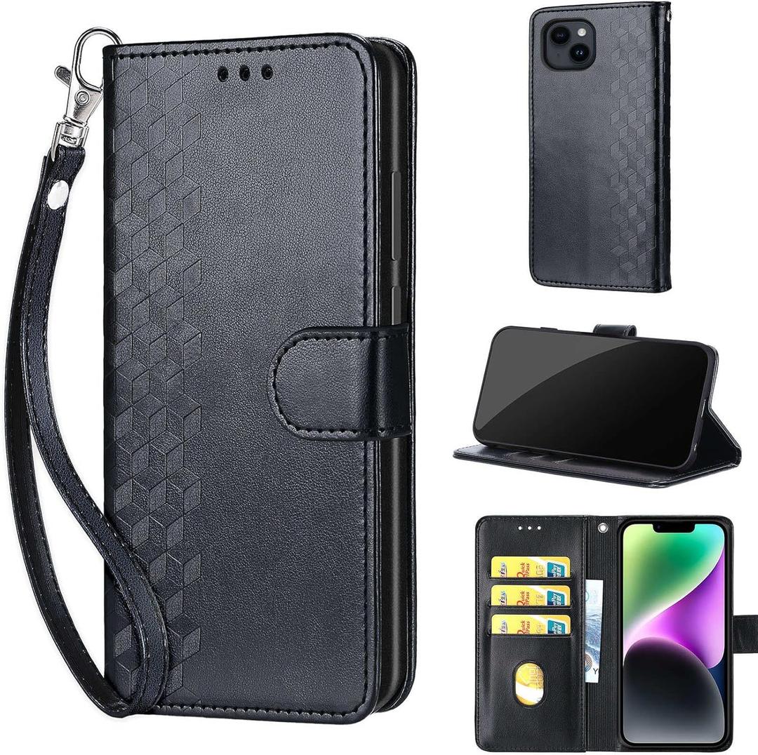 Designed for iPhone 15 Case Wallet,Women Flip Folio Cover with Embossed PU Leather Stand Credit Card Holders Slots Wrist Strap Phone Case for iPhone 15 6.1 Inch (Black Cube)