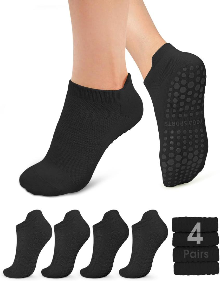 yeuG Pilates Socks for Women Non Slip Grip Socks for Yoga, Barre, Hospital, Barefoot Grippy Yoga Sock Womens Gifts 4 Pairs (Small-Medium, B05-Black*4)