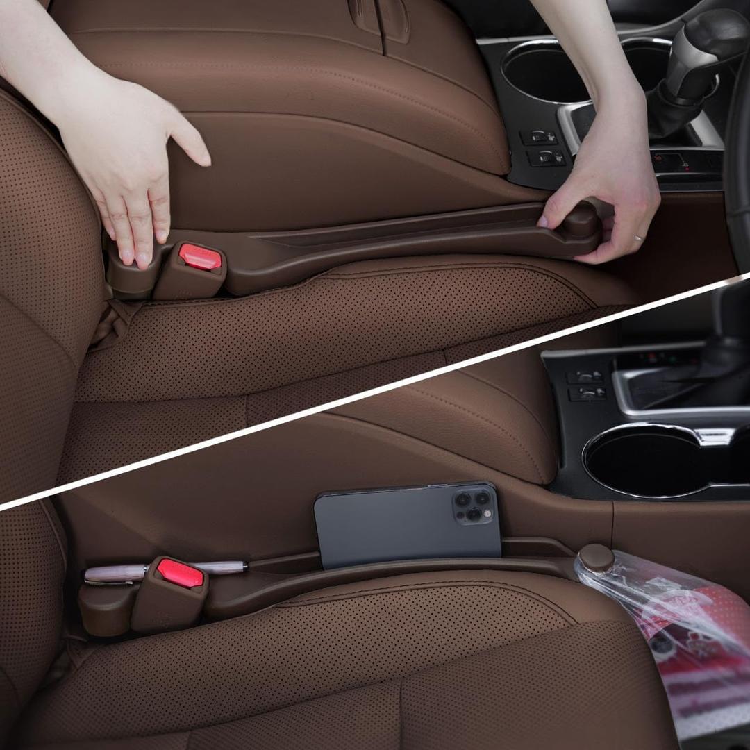 Car Seat Gap Filler Set of 2, 3IN1 Seat Side Gap Filler Plug with Storage Slot & Hook Function, Soft Foam Universal Fit Car SUV Truck Fill Gap Between Seats Console OrganizerNarrow Deep Brown