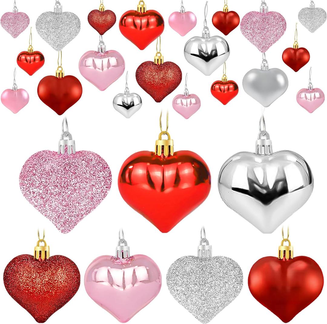 48PCS Heart Ornaments for Valentines Day Decorations, 2 Sizes Heart Shaped Ornaments for Christmas Valentine Tree, Red Pink Silver Glitter Hearts Hanging Decorations for Valentines Day Decor