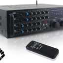 Pyle PMXAKB2000 - 2000 Watts (1000W + 1000W at 4 Ohms) DJ Karaoke Mixer and Amplifier with Built-in Bluetooth - 2 Microphone Inputs with Effects and EQ