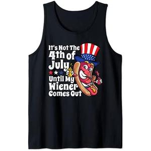 Mens Funny 4th of July Hot Dog Wiener Comes Out Adult Humor Gift Tank Top Size XL