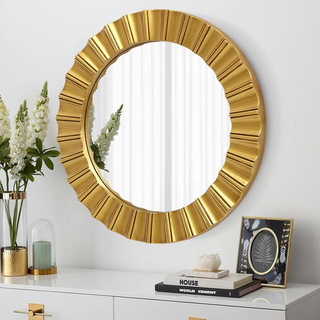 Round Gold Mirrors for Wall Decor 26 Inch, Art Deco Mirror for Bathroom With Geometric Frame, Gold Circle Mirrors Entryway Mirrors for Wall, Modern Wall Mounted Mirror for Bedroom, Living Room