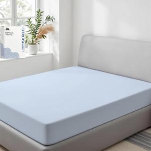 Mayfair Linen 100% Organic Cotton Percale Weave Fitted Sheet Twin Size, Light Blue, 1 Deep Pocket Twin Fitted Sheet, Fits Mattress Upto 16" Crisp and Cool Bed Linen, Luxury GOTS Certified Sheets