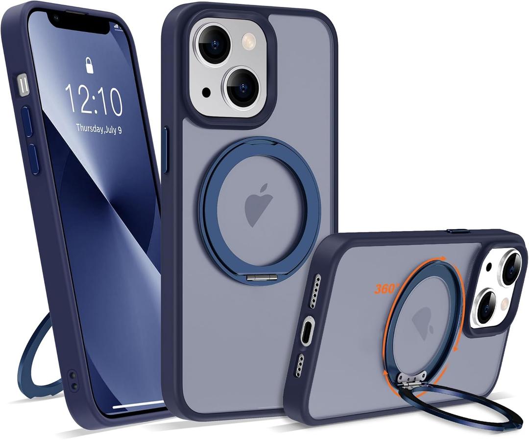 Compatible with iPhone 13/14 Case with 360° Rotatable Magnetic Ring Stand [Compatible with Mag-Safe] Translucent Shockproof Protective Phone Case for Women Men, Deep Blue