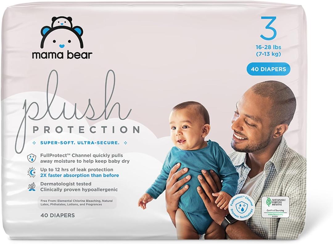 Amazon Brand - Mama Bear Plush Protection Diapers - Size 3, 40 Count, Hypoallergenic Premium Disposable Baby Diapers, White and Cloud Dreams
