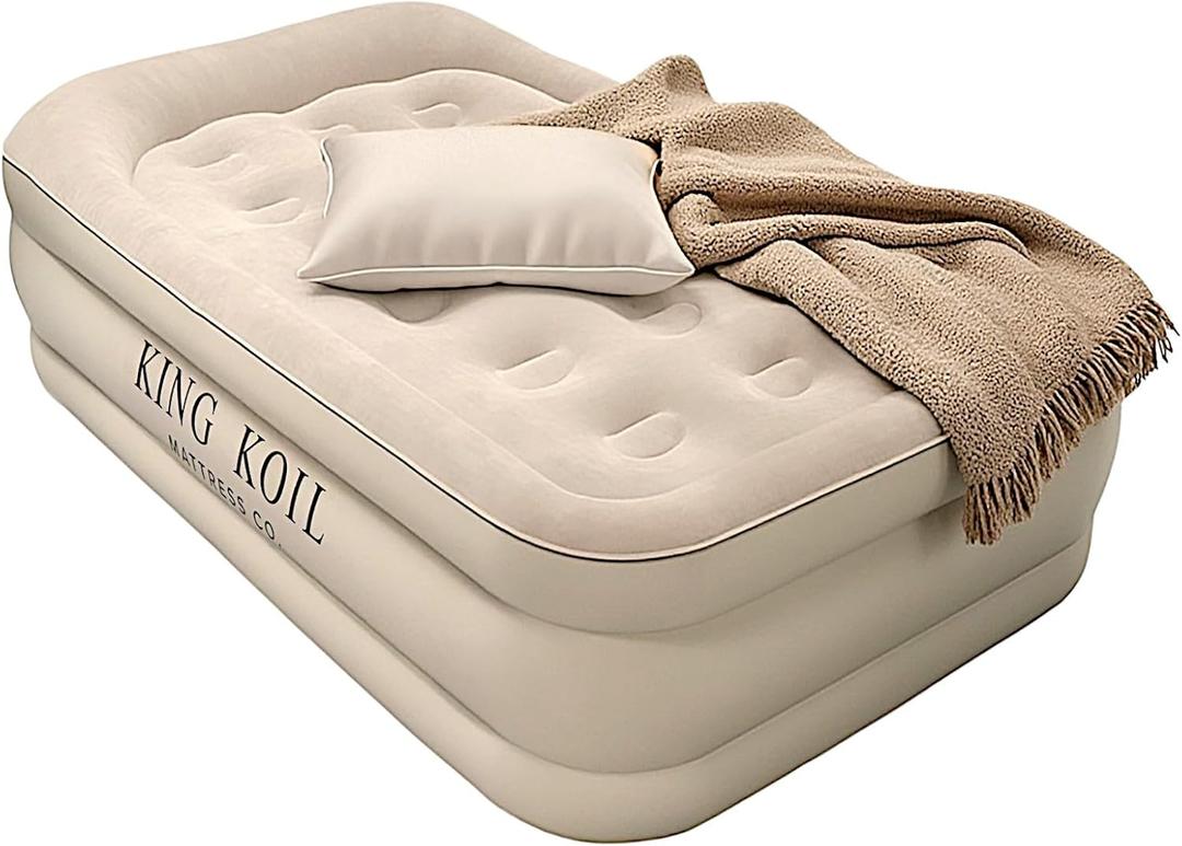 King Koil Luxury Twin Air Mattress with Built-in High-Speed Pump for Home, Guests & Camping - 13" Twin Size Premium, Double High Inflatable Blow Up Mattress Waterproof (Beige)