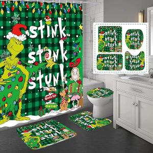 4 Pcs Christmas Shower Curtain Sets with NonSlip Rugs, Toilet Lid Cover and NonSlip U Shape Bath Mat, Christmas Bathroom Decor with 12 Hooks Xmas Holiday Home Decor(Green)