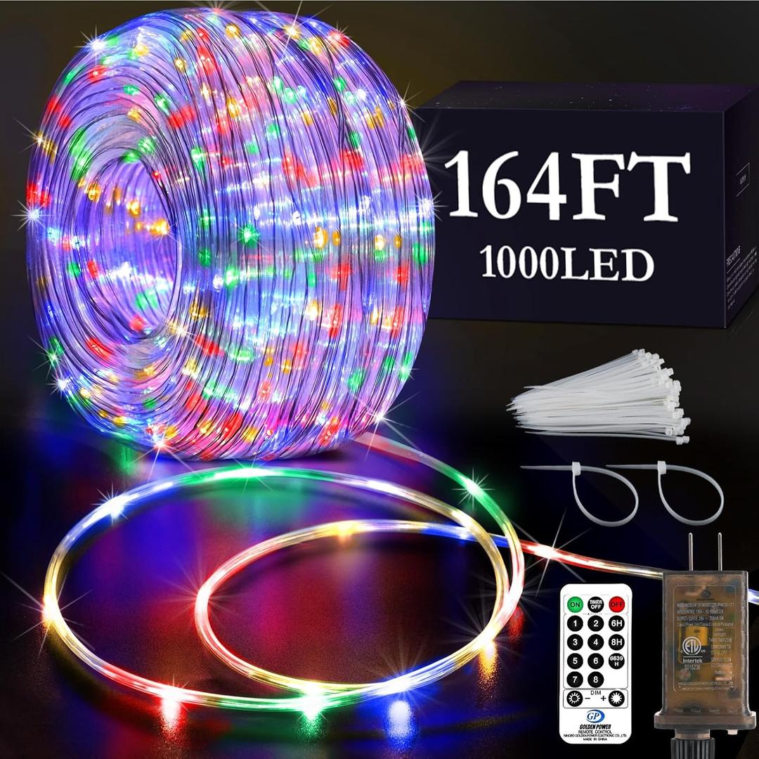 KNONEW 164FT 1000LED Rope Lights for Outside,Outdoor String Lights Waterproof 8 Modes Clear Tube Light for Indoor,Bedroom,Wedding,Garden,Patio,Christmas,Tree,Rv,Holiday Decoration(Multicolor)