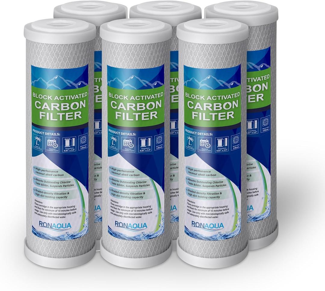 Block Activated Carbon Coconut Shell Water Filter Cartridge 5 Micron for RO & Standard 10 Housing WELL-MATCHED with WFPFC8002, WFPFC9001, WHCF-WHWC, WHEF-WHWC, FXWTC, SCWH-5 (6 Pack)