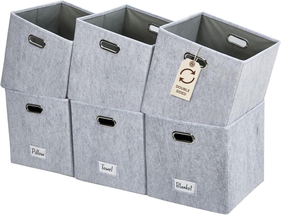 DECOMOMO Felt Storage Bins, 11 inch Cube Storage Bin with Labels for Shelves Kallax (Cube 11" / 6pcs, Light Grey)