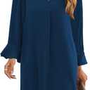Wkior Elegant Dresses for Women V Neck Long Sleeves Casual Solid Color Blue Dress XL