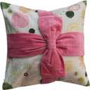 Creative Co-Op, Multicolor Square Cotton Printed Pillow with Pattern and Velvet Applique Bow