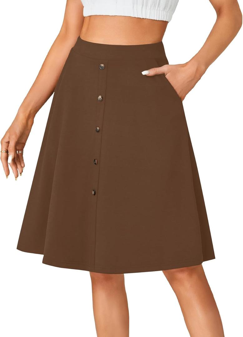 LYANER Women's Stretchy High Waist A-Line Midi Skirt Flared Vintage Casual Skirts with Pockets (Brown, S)