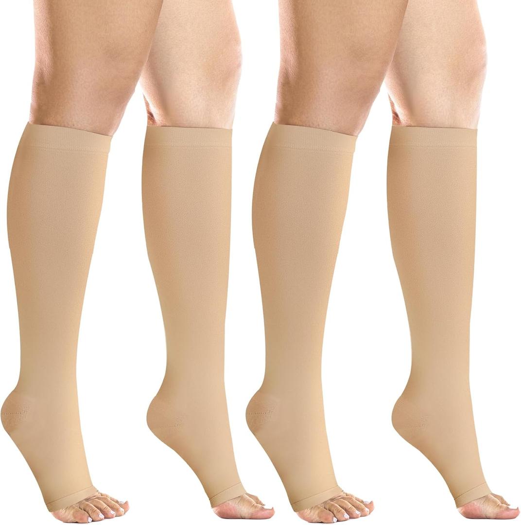 +MD 2 Pairs 20-30 mmHg Compression Socks for Women & Men, Knee High Open Toe Stockings, Circulation Support & Daily Comfort (Medium)