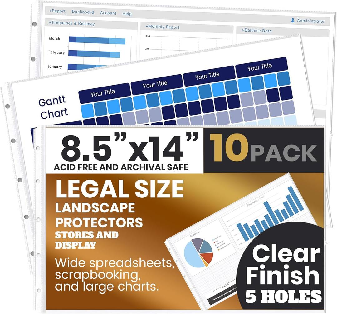 PERFORMORE 10 Pack of 8.5 x 14 Heavyweight Landscape Sheet Protectors, Legal Paper Sleeves, Clear Archival Quality, Horizontal Legal Size Clear Sheet Protectors for Binders Documents