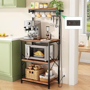 Kitchen Bakers Rack with Power Outlet 10 Hooks, 4 Tiers Coffee Bar Station Cabinet, Microwave Stand with Storage (Rustic Brown, 21.7 x 14.2 x 49.6 Inch)