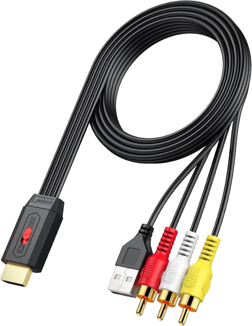 Neoteck RCA to HDMI Converter 150cm/5ft AV to HDMI Cable Supports 16:9/4:3 Conversion Built-in AV Cable for Vintage Movies or Life Videos Plug and Play Widely Used in DVD VCR Player-Male RCA Input