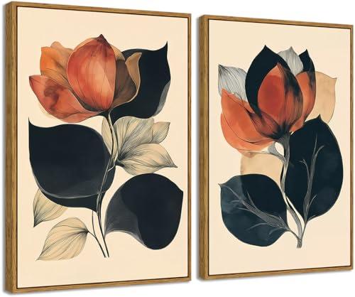 Framed 2pcs Boho Flower Wall Art Orange and Black Abstract Floral Canvas Mid Century Modern Wall Decor Botanical Prints Posters Pictures for Living Room Bedroom Home Decor 24"x16"x2