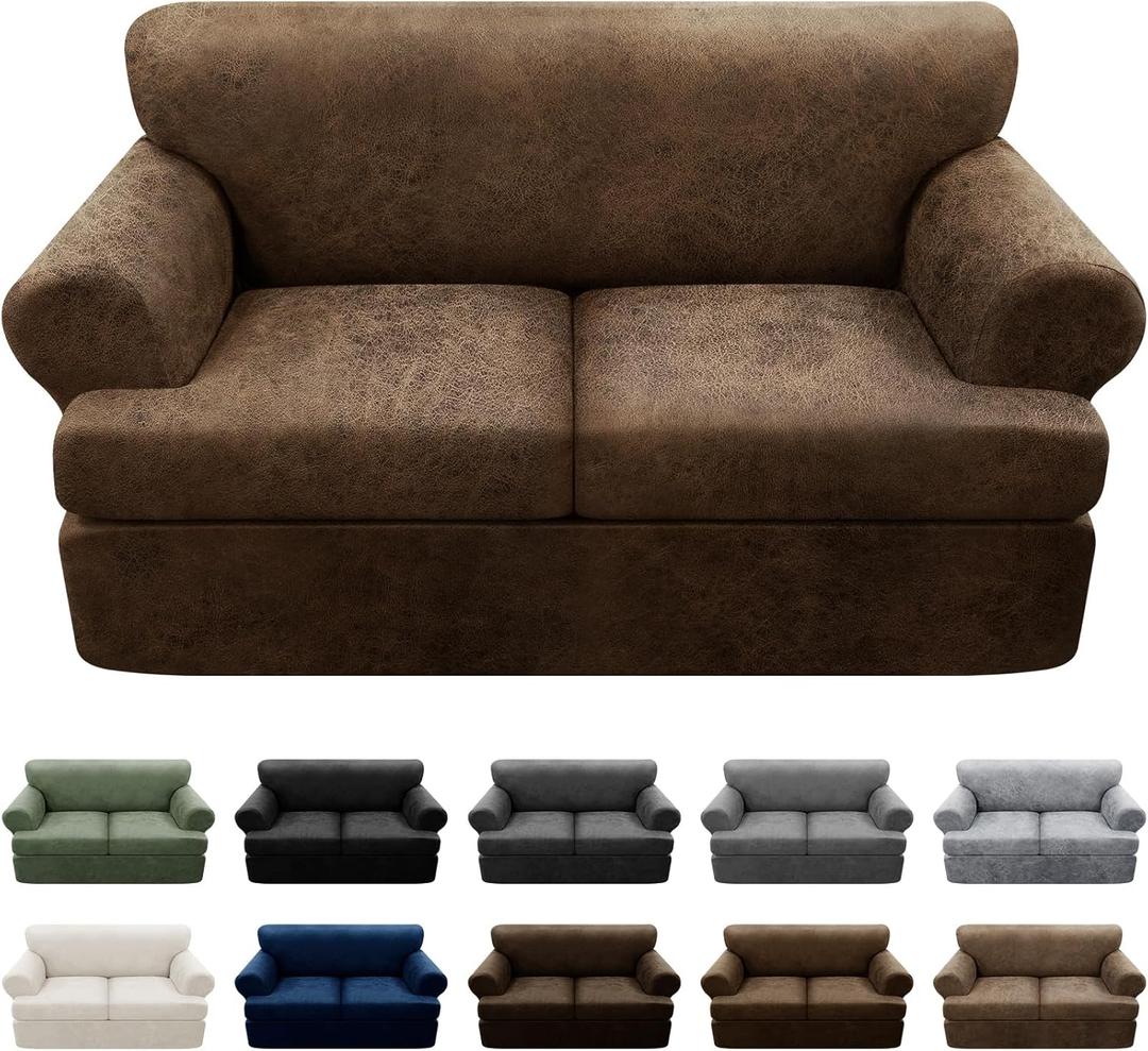 3-Pieces T Cushion Loveseat Slipcovers Leather Look Couch Cover Loveseat Covers for 2 Cushion Couch Furniture Protector Stretch Sofa Cover with 2 Individual T Cushion Seat Covers, Brown