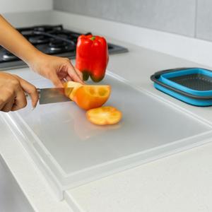 Acrylic cutting board and Silicone colander for kitchen 2 pcs kit 17.8" x 13.8", Cutting board with lip, Clear cutting board for countertop, Acrylic material, Transparent,