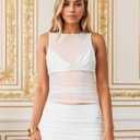 Sexy Pleated Ruched Crop Tank Tops for Women Mock Neck Sleeveless Mesh See Through Double Linery Tank Tops (White)