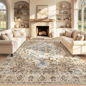 Area Rug 8x10 Vintage Rug: Large Washable Indoor Medallion Rugs Low Pile Distressed Floor Carpet Retro Accent Rug for Living Room Bedroom Kitchen Dining Table Home Office(Brown/Blue, 8'x10')