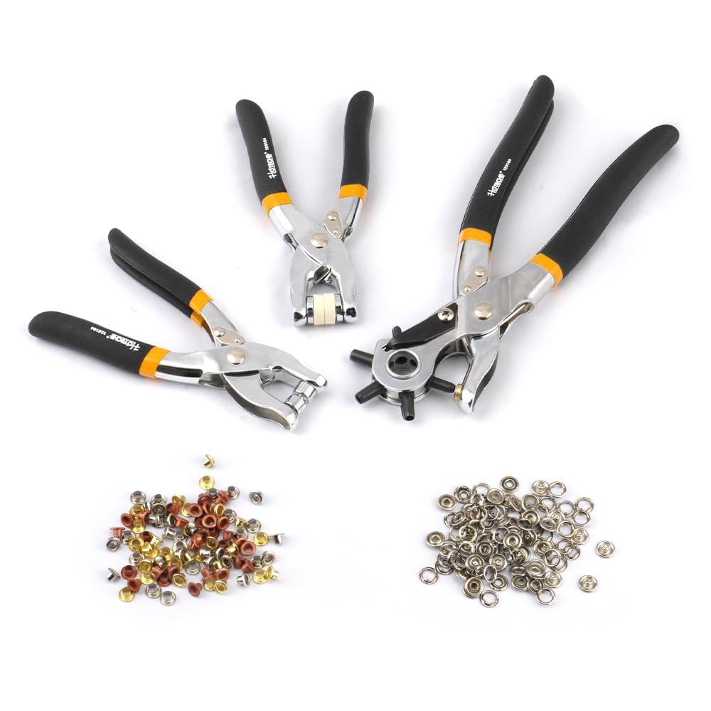 Hoteche 3-in-1 Leather Belt Hole Punch + Eyelet Plier + Snap Button Grommet Setter Tool Kit for Fabric, Shoes,Leather, Clothes, Belt