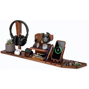 Gifts for Men Multifunctional Modular Wooden Desk Organizer Docking Station Compatible with Magnetic Charger for iPhone Xmas Gifts for Dad Nightstand Key Holder Wallet Stand for iWatch AirPods