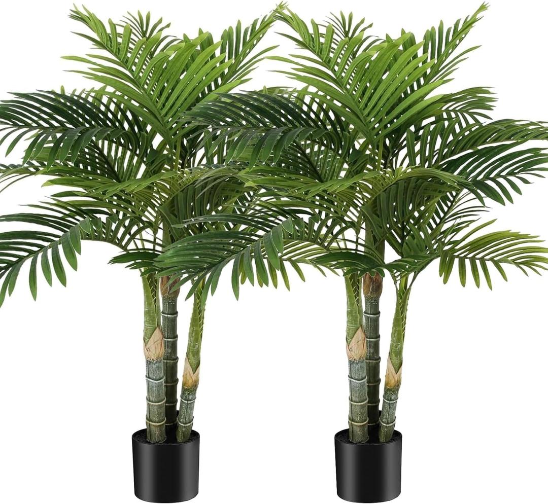 AnTing 4FT Artificial Golden Cane Palm Tree 15Leaves Faux Triple Tropical Palm Plants with Pot for Gift Home Office Decor Green (Set of 2)