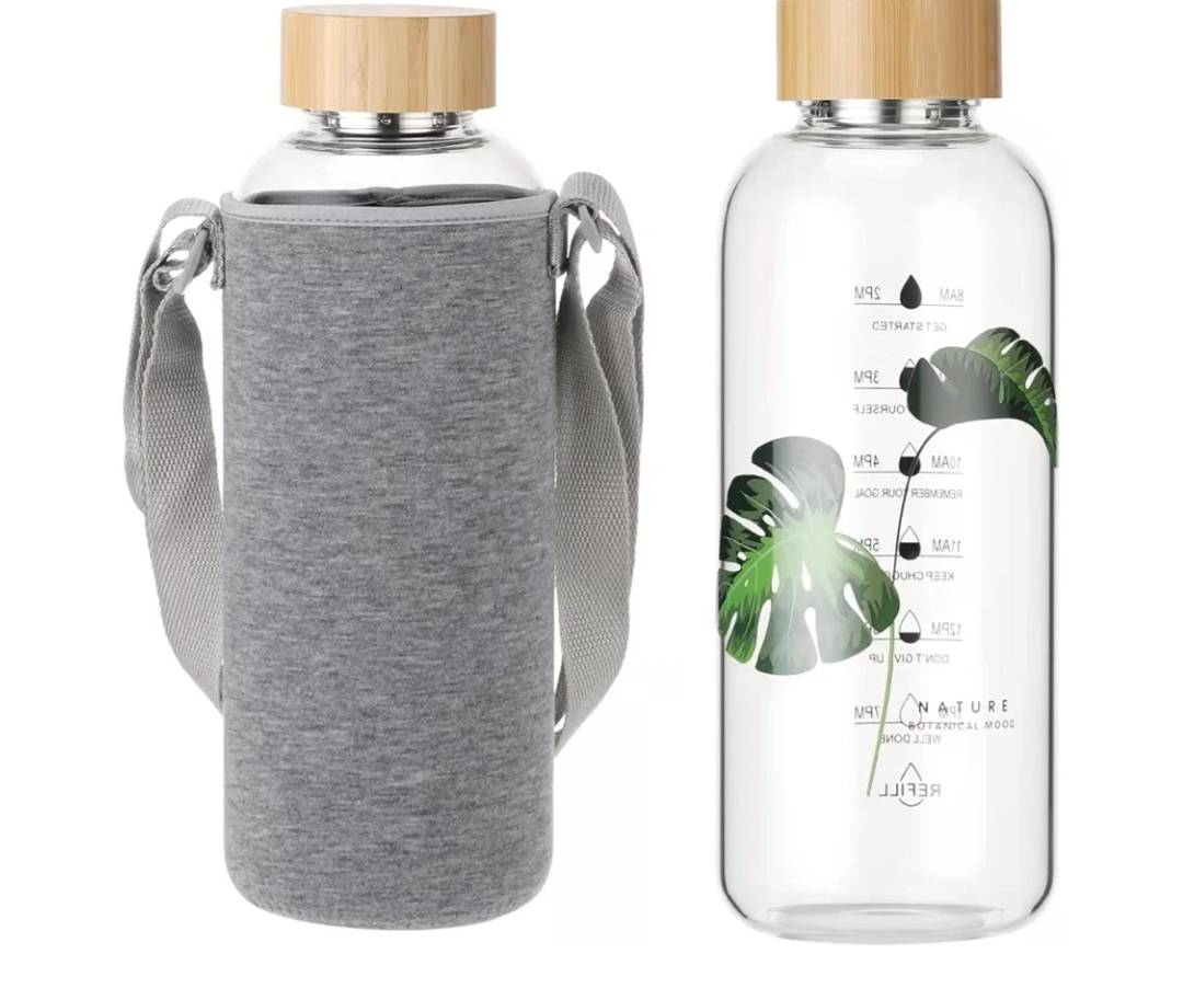 Ttifangix 50 Oz Glass Water Bottle Wide Mouth with Time Markers, Bamboo Lid, Neoprene Sleeve Bpa Free