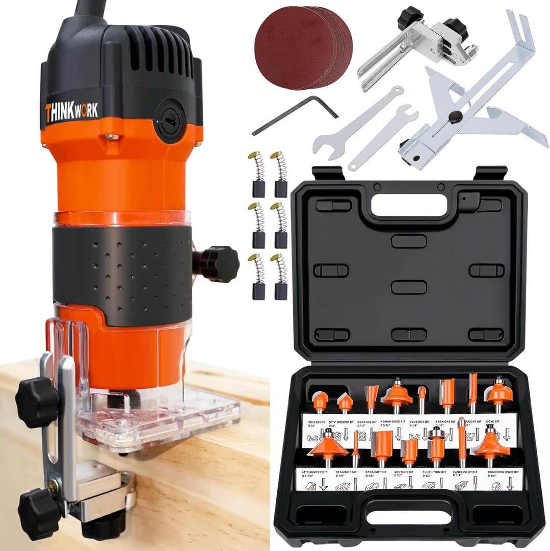 THINKWORK Router Tool, 6.5 Amp 1.25 HP Wood Router for Woodworking, Trim Router with 15 Pieces 1/4" Router Bits Set