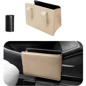 Yourkar Car Trash Can, Foldable Waterproof Leather Car Garbage Organizer Holder, Automotive Mini Dustbin Container with One Roll Trash Bag, Universal Interior Car Accessories (Beige)