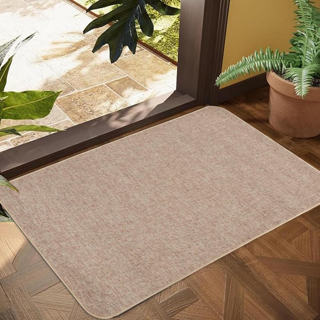 Indoor Door Mat, 1/10 in Ultra Thin Door Mat, Non-Slip Natural Rubber Backing Inside Doormat, Washable, Low-Profile Entrayway Mats, Durable Dirt Trapper for Various Entrance, 35''X24'', Khaki (Rounded Serged Edges(khaki))