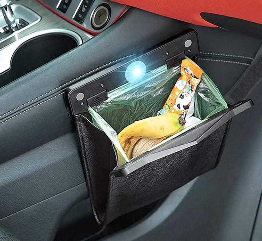 Car Trash Bag, Superior PU Leather with LED Light and Magnet Closure Design, Bundle with Tissue Box and 30 Disposable Inner Garbage Bags, Waterproof Vehicle Rubbish Container Garbage Can (SMALL, BLACK)