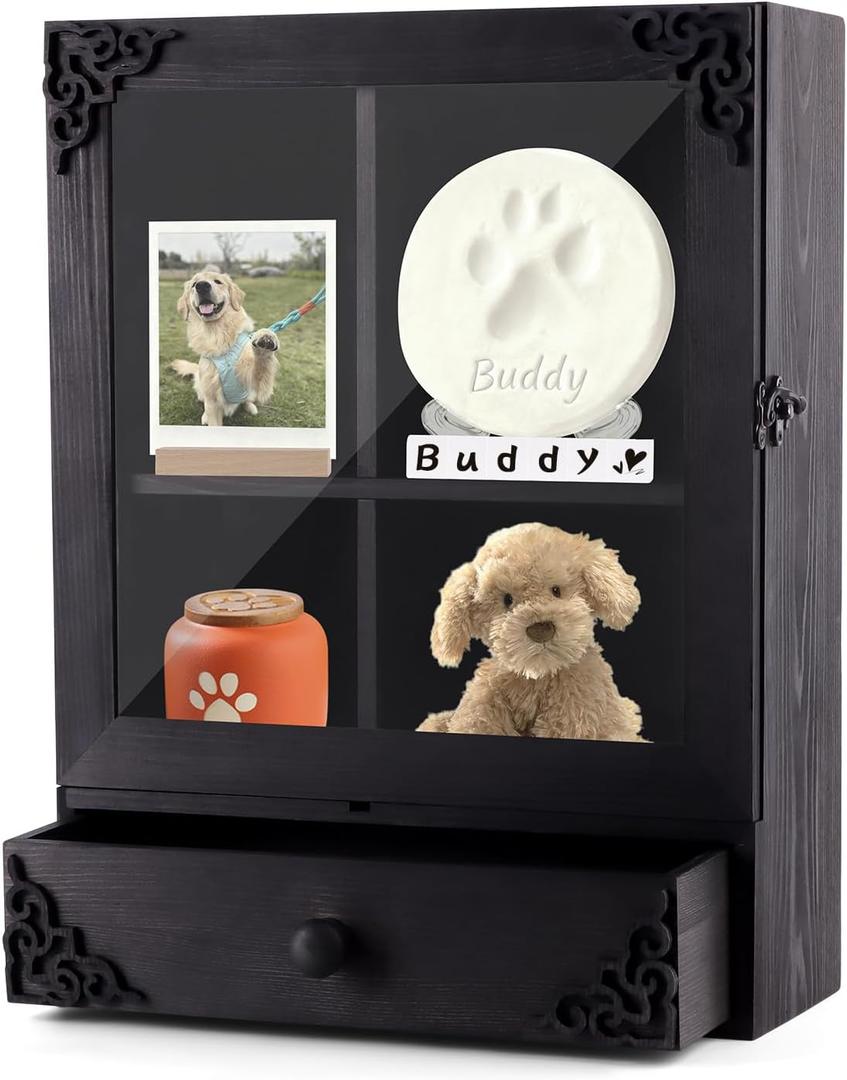 Pet Memorial Shadow Box with Shelves & Drawer, 16 x 12.2 Wood Pet Memorial Gifts for Dog & Cat, Pet Urn Ashes Display Case for Loss Pet Remembrance Memory Keepsake Tabletop Wall Hanging