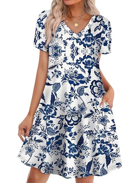 OFEEFAN Boho Summer Dresses for Women Casual Loose T Shirt Dress with Pockets Beach Vacation Outfits, M