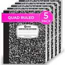 Graph Paper Composition Notebook, 5 Pack, 200 Pages (100 Sheets), Quad Ruled Composition Notebook, Graph Notebooks, 4x4 Grid Composition Notebook, Black Marble, Sewn Hard Cover, 9-3/4 x 7-1/2