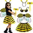 Latocos 5pcs Girls Bee Costume Kids Toddler Bumblebee Wings Tutu with Glasses Crown Headband Halloween Dress Up Gift